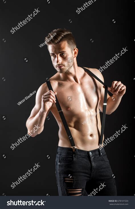 Sexy Muscular Shirtless Man Suspenders Posing Stock Photo Shutterstock