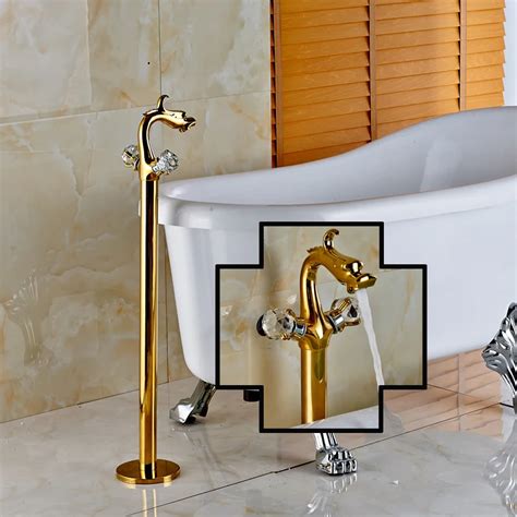Luxury Two Crystal Handles Freestanding Bathroom Tub Filler Golden Dragon Style Bathtub Mixer