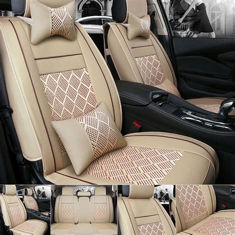 Us Full Car Seat Covers 5 Seats Front Rear Cushion Mess Pu Leather Cover Beige Ebay