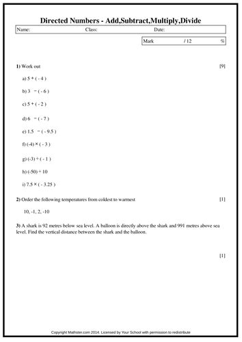 Directed Numbers Teaching Resources