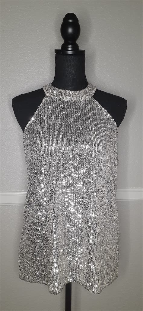 Cable And Gauge Champagne Solid Sequin Halter Top Las Upscale Resale