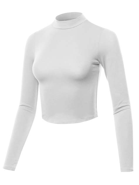 A Y Women S Junior Fit Basic Solid Cropped Soft Cotton Long Sleeve Mock Neck Top Shirts White L