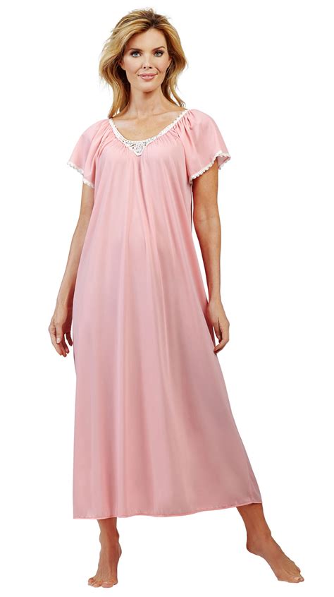 Ladies Long Nylon Tricot Nightgowns Nighties With Flutter Sleeves