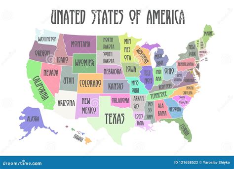 mapa coloreado del cartel de los estados unidos de américa con nombres del estado ilustración
