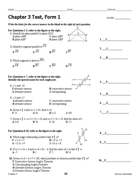 Chapter 3 Test Form 1 Write The Letter For The Correct Answer In The