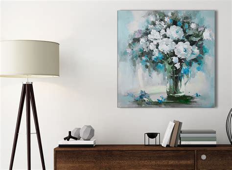 teal white flowers painting bathroom canvas wall art