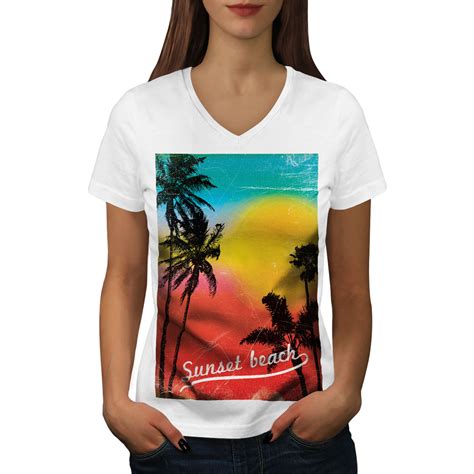 Wellcoda Sunset Wild Sea Womens V Neck T Shirt Summer Graphic Design
