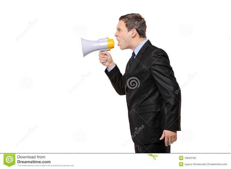 Angry Businessman Announcing Via Megaphone Stock Image - Image of displeased, horn: 16843795