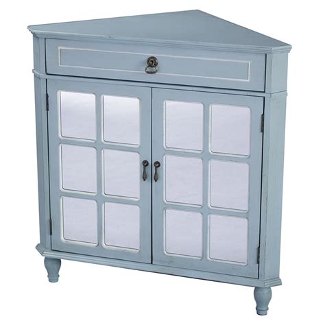 32 Light Blue Wood Mirrored Glass Corner Cabinet With A Drawer And 2