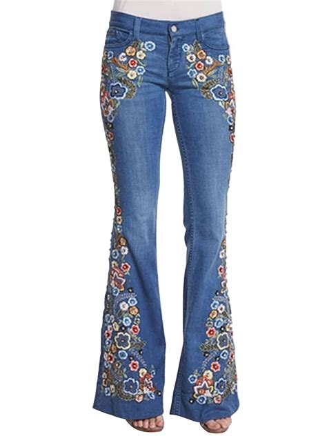 Newtechnologyy Women Flare Jeans Elastic Waist Bell Bottom Embroidery Floral Denim Pants