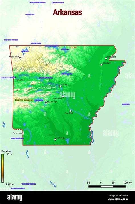 The Physical Map Of Arkansas Displays A Varied Terrain With Rolling