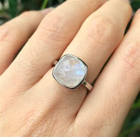 Moonstone Square Facet Stackable Ring Rainbow Moonstone Etsy