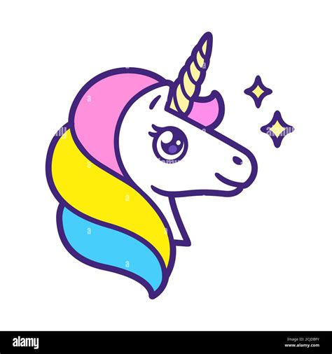 Cartoon Unicorn Head With Rainbow Mane And Sparkles Cute Logo Or Print
