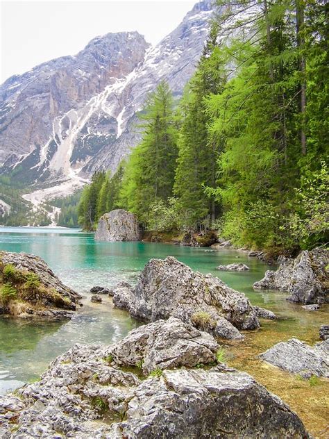 Lake Braies Lago Di Braies In The Dolomites Italy In Spring Stock