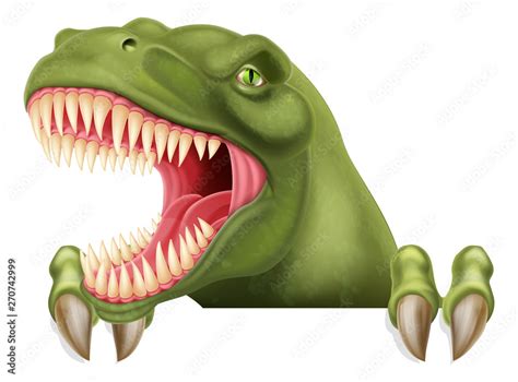 A Scary Dinosaur T Rex Cartoon Character Peeking Over A Sign Stock