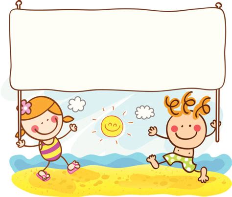Best Happy Children Holding Banner At Summer Beach Cartoon Illustration