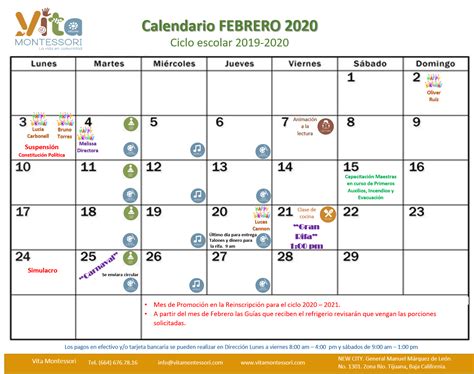 Calendario Febrero 2020 Vita Montessori