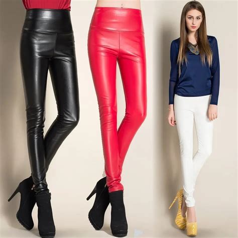 buy 2017 high quality pu leather pants women winter female high waist elastic