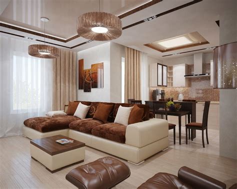 The Interior Of A Living Room In Brown Color Features