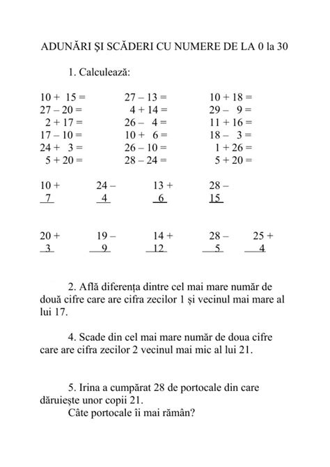 Adunari Si Scaderi 0 30 Fara Trecere Peste Ordin Worksheet Math For