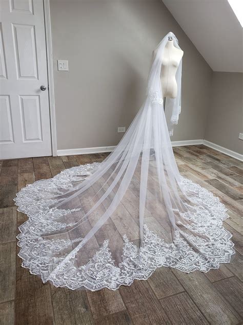 Scalloped Lace Cathedral Wedding Veil With Blusher White Etsy