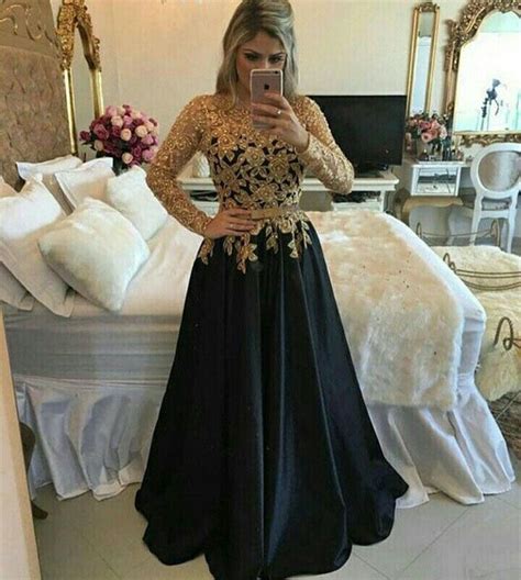 Modest Black And Gold Long A Line Long Sleeves Lace Prom Gownsevening Dresses Okf14 Okdresses