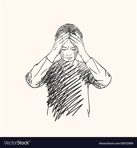 Sketch Young Woman Has Headache Holding Hands Vector Image