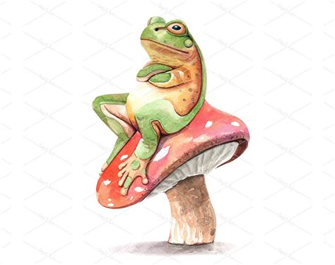 Watercolor Frog On Mushroom Illustration Frog Paint Frog Etsy
