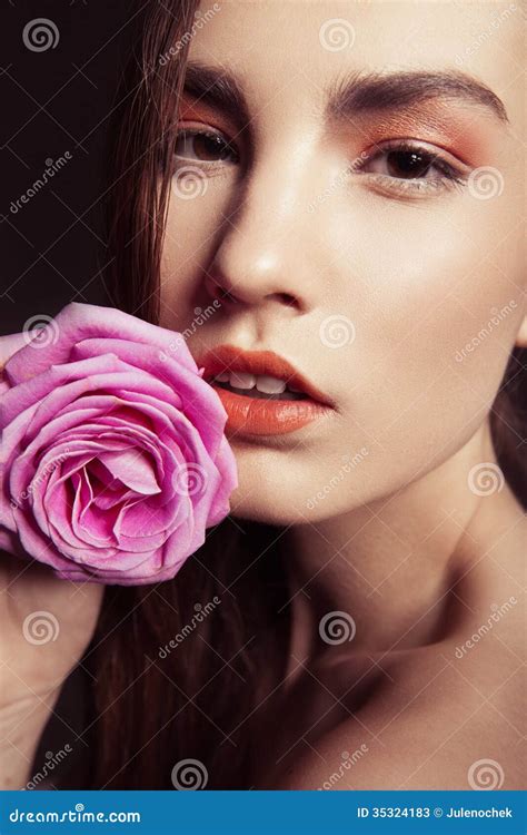 Portrait Of Beautiful Brunette Woman With Rose Stock Image Image Of