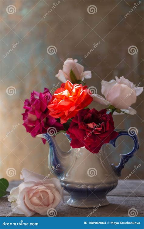 Still Life With Rose In Old Teapot Stock Photo Image Of Rustic Chair