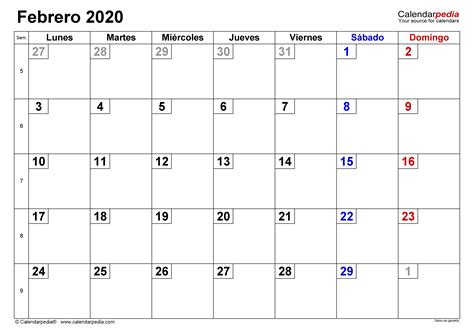 Calendario Febrero 2020 En Word Excel Y Pdf Calendarpedia