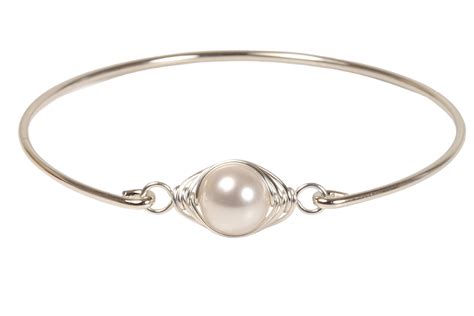 White Pearl Bangle Bracelet Wire Wrapped Jewelry Handmade Etsy