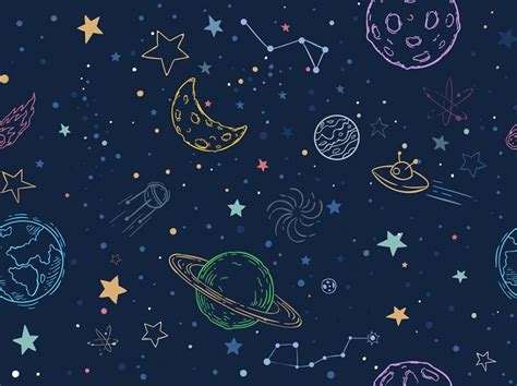 Color Seamless Space Pattern Hand Drawn Planets Cosmic Galaxy Textur