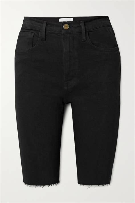 Frame Le Vintage Bermuda Frayed Denim Shorts In Black Denim Modesens