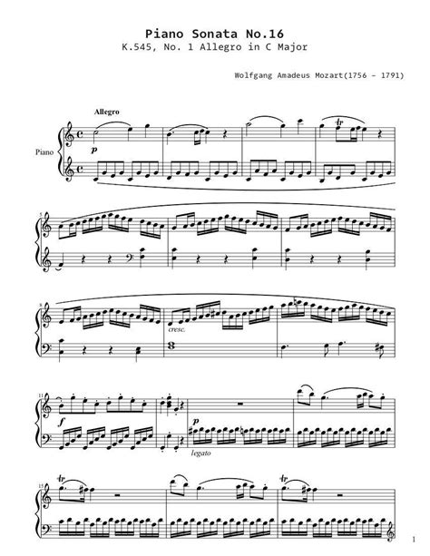 Piano Music Sheets Piano Sonata No In C Major K No Wolfgang