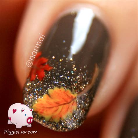 Piggieluv Fall Nail Art Autumn Leaves On Glitter Gradient