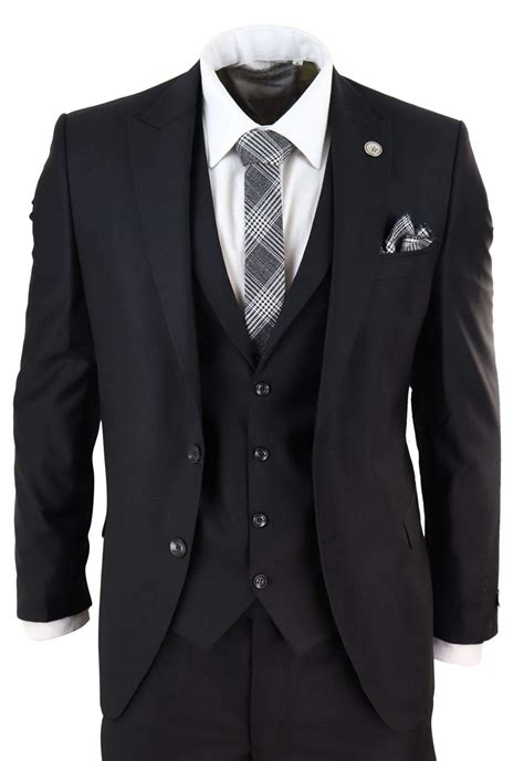 Mens 3 Piece Suit Black Tailored Fit Smart Formal 1920s Classic