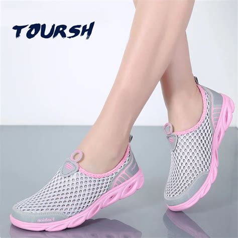 Toursh 2018 Comfort Women Walking Shoes Breathable Sport Sneaker New Slip On Summer Mesh Shoes