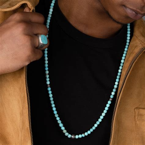 Nialaya Mens Beaded Necklace With Turquoise And Silver