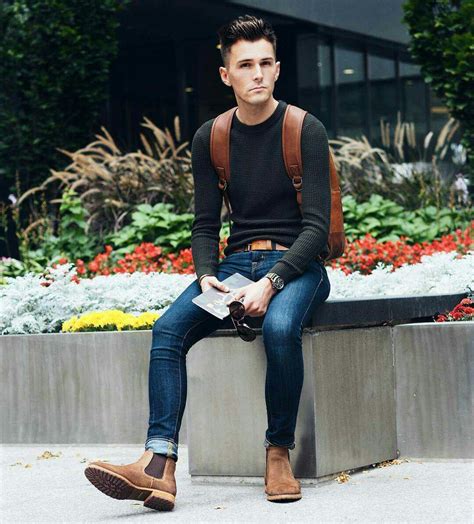 Another very alexa chung inspired look today. hot guy wearing brown shoes, jeans, black shirt and brown leather backpack http://www.99wtf.net ...