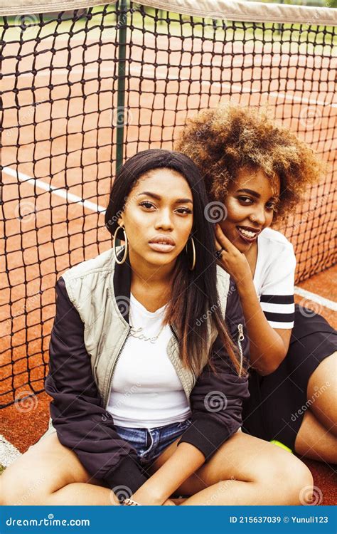 Young Pretty Girlfriends Hanging On Tennis Court Fashion Stylish