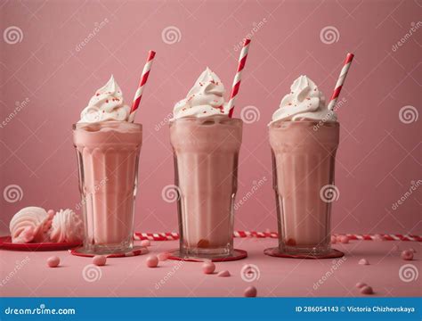 Beverage Sweet Glass Retro Milkshake Cocktail Drink Pink Cream Ice Generative Ai Stock