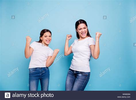 Close Up Photo Cheer Pretty Two People Brown Haired Mum Small Little Daughter Arms Up In Air