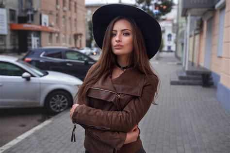 Depth Of Field Urban Women With Hats Women Brown Jacket Long Hair