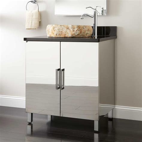 These types of vanities include a small or a large cabinet below or to the side of the sink for bathroom storage that matches the décor. 30" Mercutio Stainless Steel Vessel Sink Vanity - Polished ...