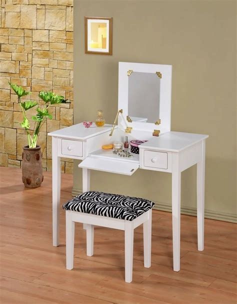 Wooden Makeup Vanity Table Set With Flip Mirror White Or