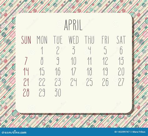 April Year 2019 Monthly Calendar Stock Vector Illustration Of White