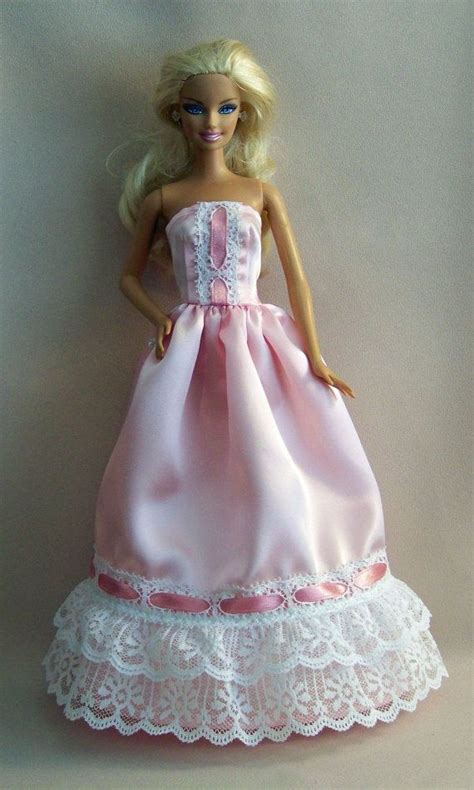 Handmade Barbie Clothes Pink Satin Barbie Gown With White Lace And Pink