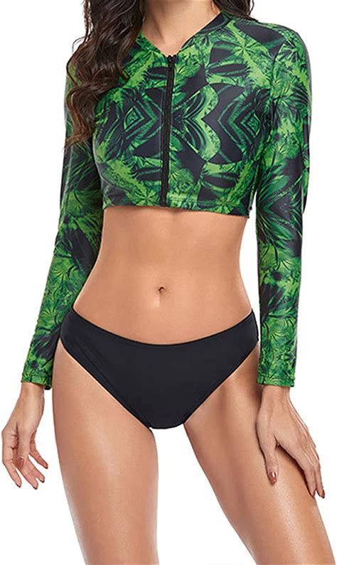Two Piece Split Swimsuit For Women Womens Long Sleeve Front Zip Bikini Set 2 Piece Surfing