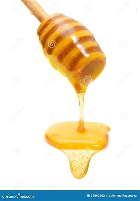 Honey Drip From Wooden Dipper Isolated Stock Photo Image Of Yellow